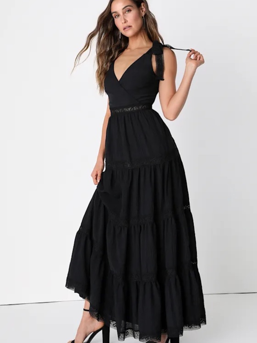 Lulus Black Tiered Maxi Dress with Tie Straps